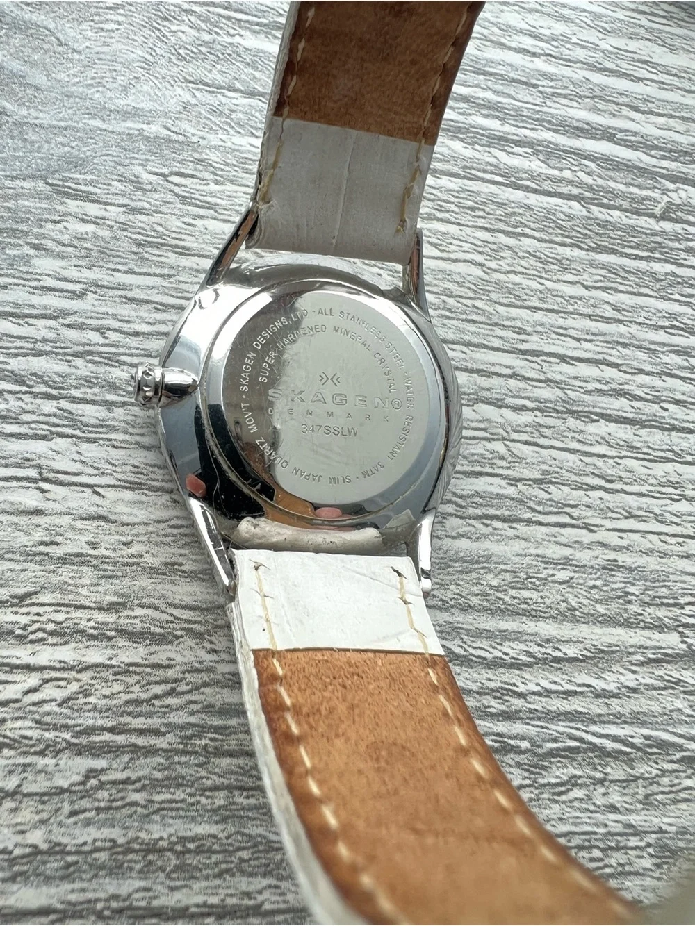 Skagen Silver and White Crystal-Trim Leather Strap Watch